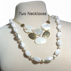 Two Necklaces Gold Toned Metal Shell and Twisted White Beads Necklace